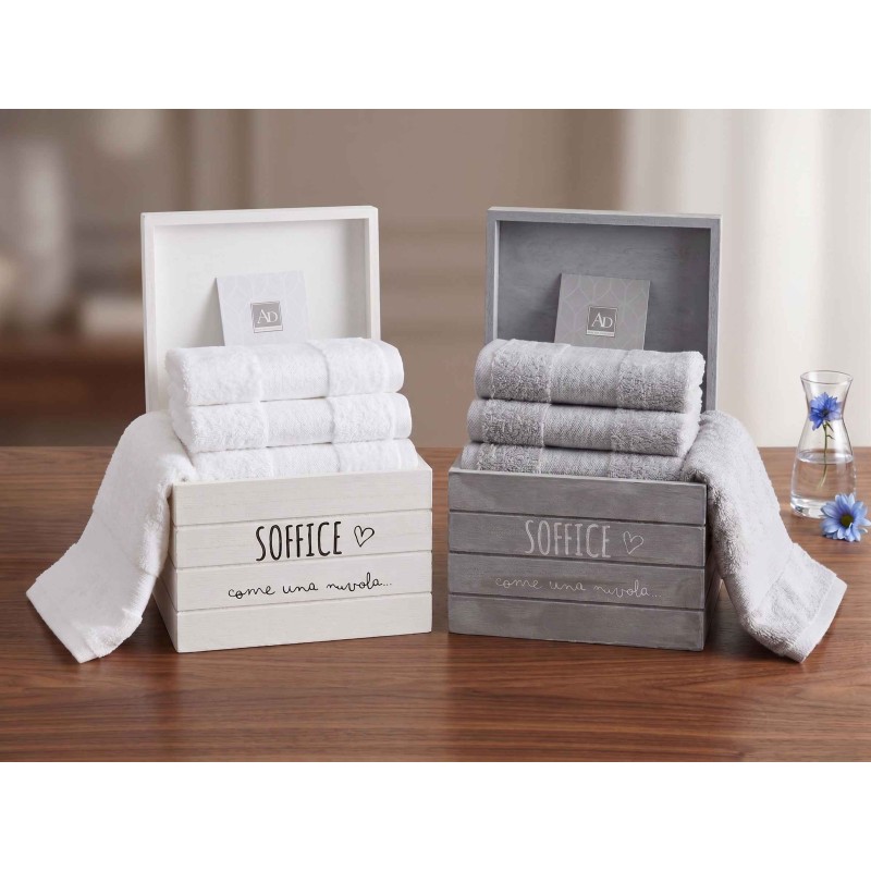 Set di 5 lavette in cotone con cestino in legno decorato